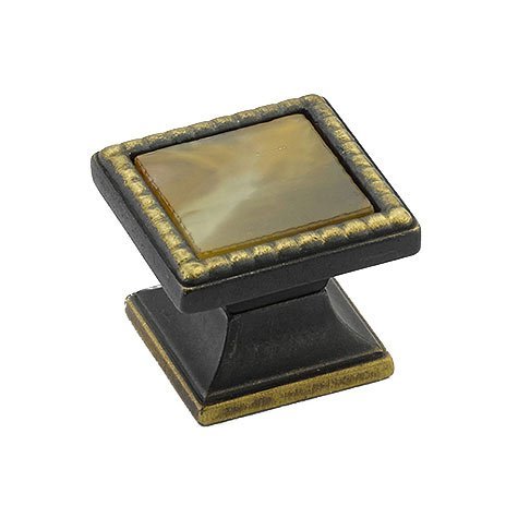 1 1/4" Square Knob in Ancient Bronze with Chaparral Glass Inlay