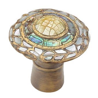 Solid Brass 1 1/8" Diameter Round Knob in Aged Dover with Imperial Shell and Mother of Pearl