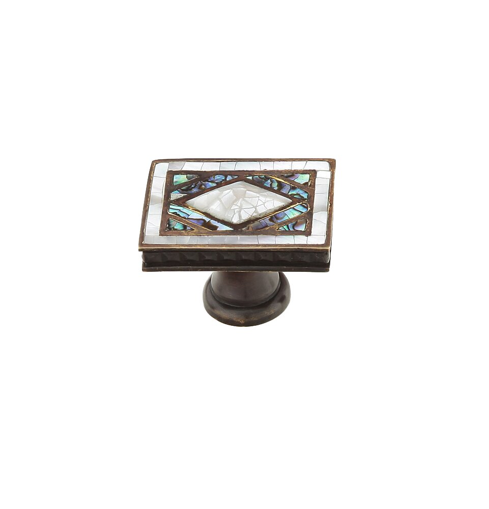 Solid Brass Rectangle Knob in Aged Dover with Imperial Shell and Mother of Pearl