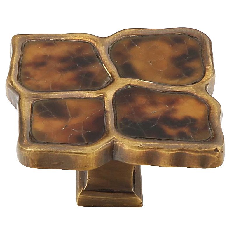 1 1/2" Rectangle Knob with Penshell Inlaid on Solid Brass in Estate Dover with Tiger Penshell