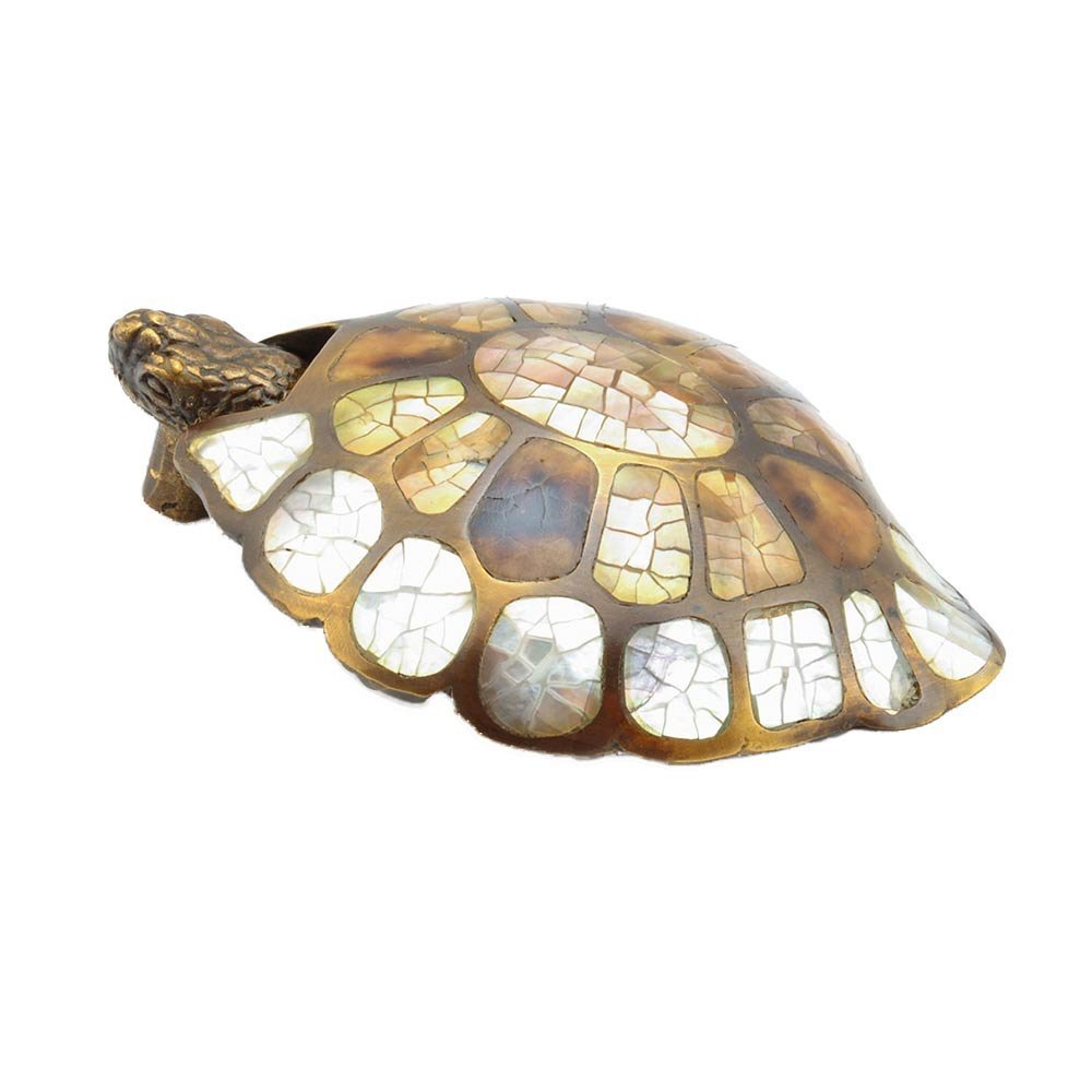 Solid Brass Turtle Pendant Pull with white Mother of Pearl, Tiger Penshell and Brown Lip Inlay in Estate Dover with Mother of Pearl