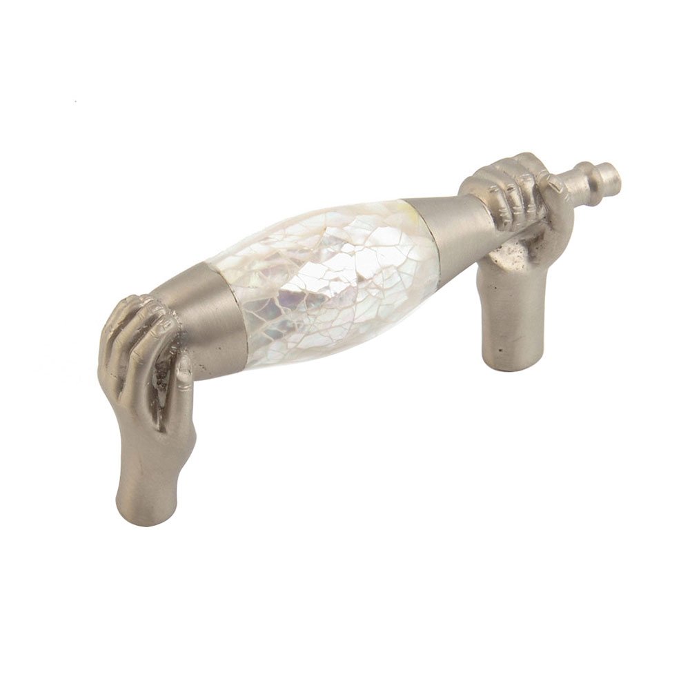 Wine Bottle Pull with Hands, 3" CC in Satin Nickel with Mother of Pearl