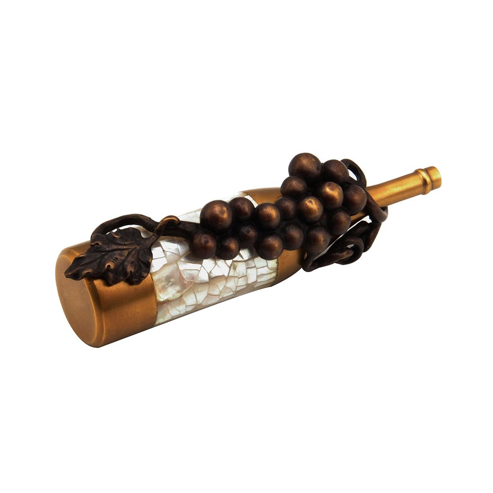 Wine Bottle Pull with Grapes, 1 1/2" CC with Mother of Pearl Center in Antique Brass and Dark Bronze Hi Lited