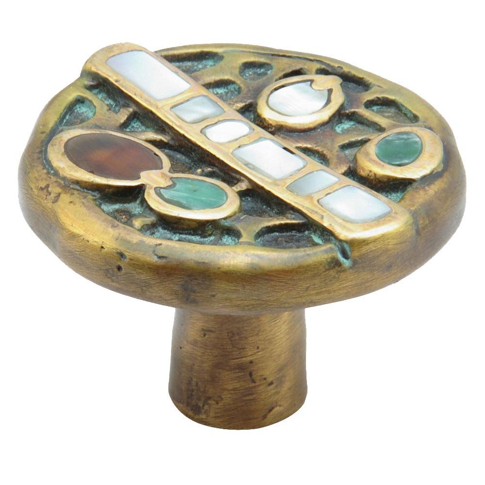 Solid Brass Knob 1 1/2" with Tiger Penshell and White and Yellow Mother of Pearl Inlays on Dark Green Wash Finish