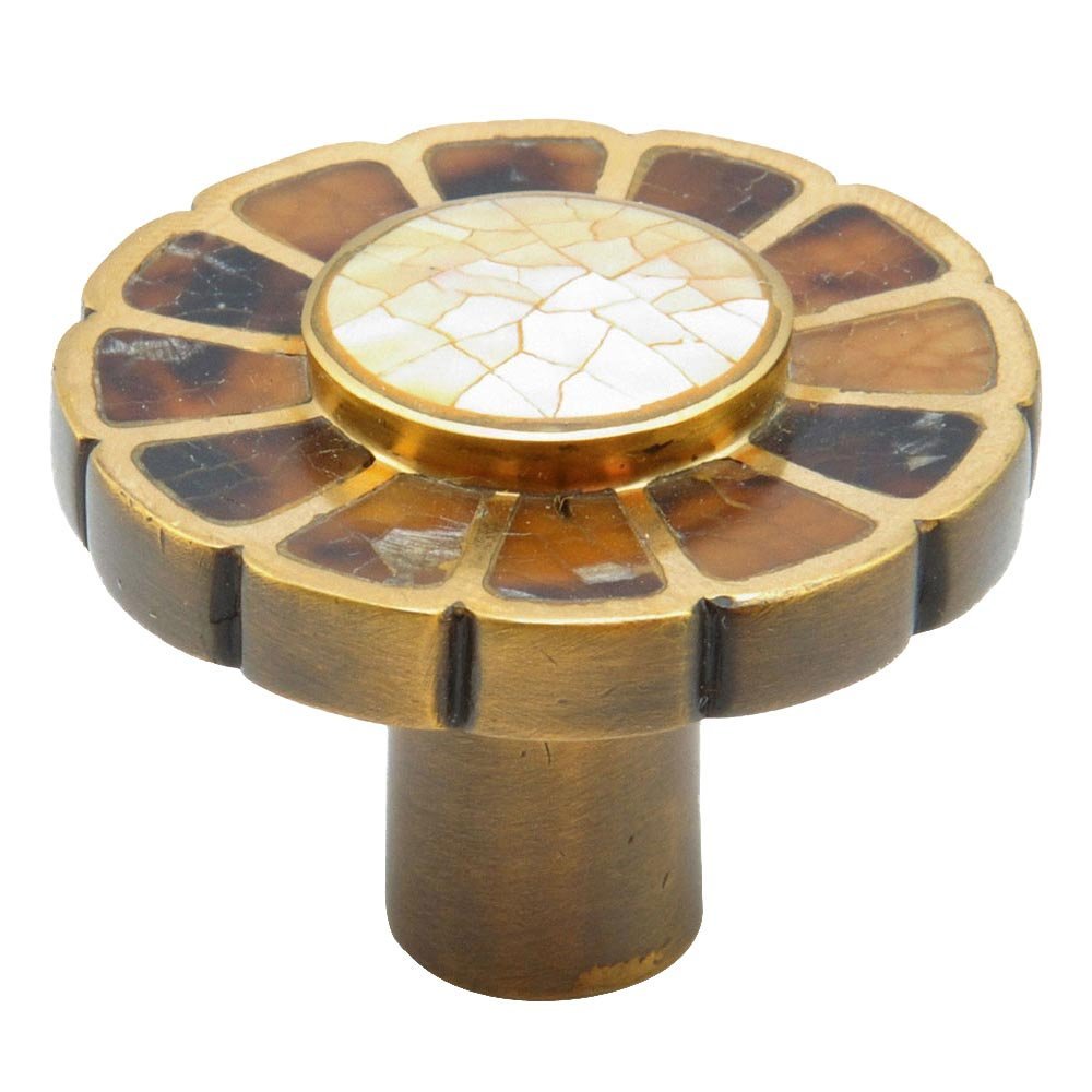 Solid Brass Knob, 1 1/2" with Tiger Penshell and Yellow and White Mother of Pearl on Estate Dover Finish