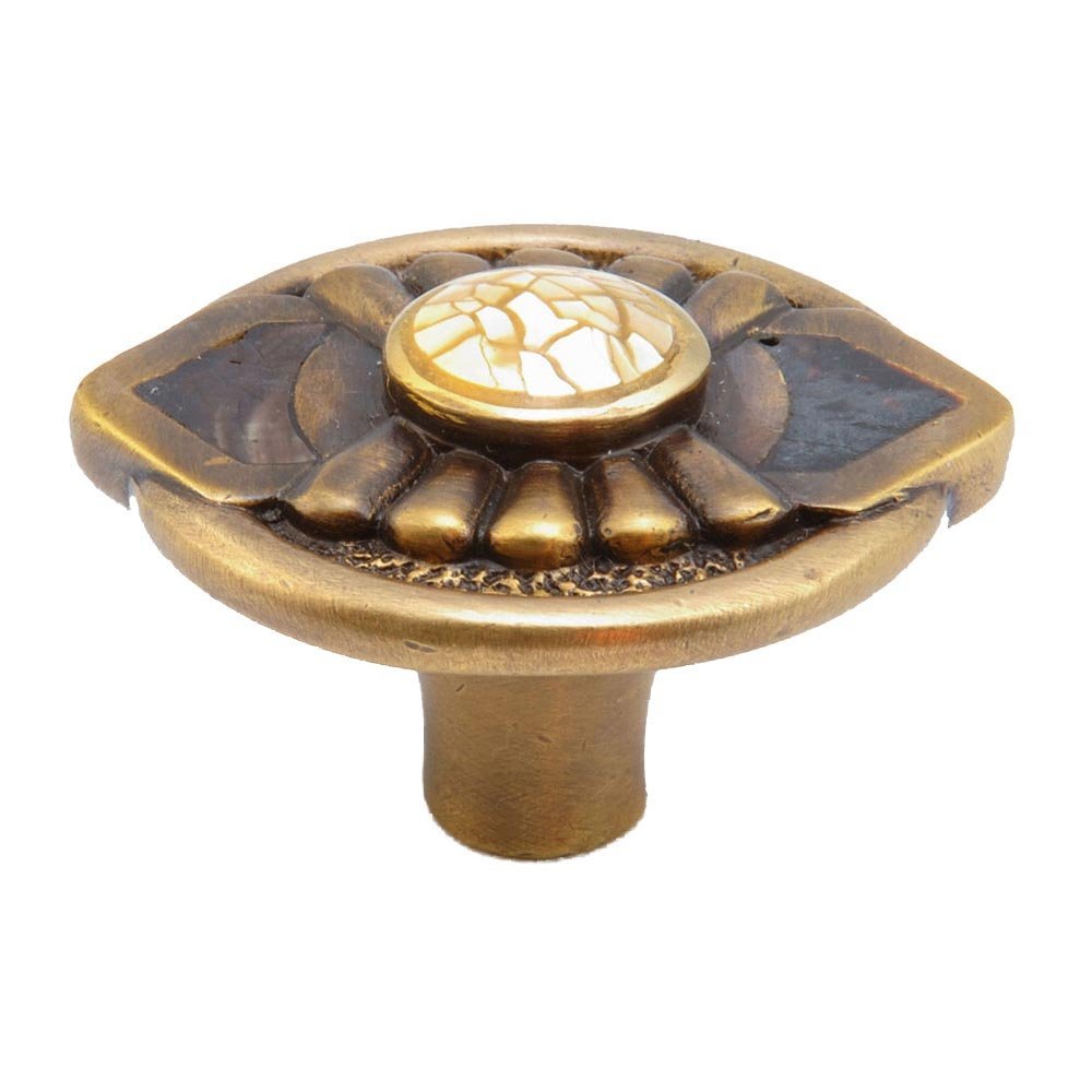 Solid Brass Knob 1 11/16" with Violet Oyster, Tiger Penshell and Yellow Mother of Pearl inlays on Antique Brass Finish