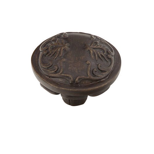 Solid Brass 1 3/8" Diameter Round Knob with Scrolled Designs with Petals on Base in Dark Glaze