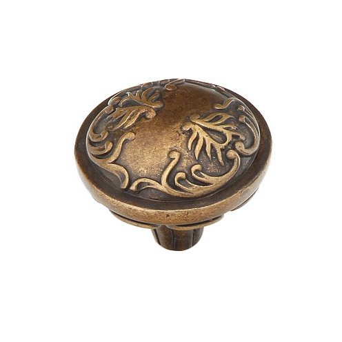 Solid Brass 1 3/8" Diameter Round Knob with Scrolled Designs with Petals on Base in Dark Italian Antique