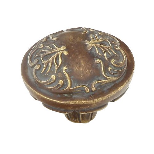 Solid Brass 1 3/8" Diameter Round Knob with Scrolled Designs with Petals on Base in Monticello Brass