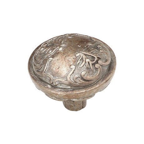 Solid Brass 1 3/8" Diameter Round Knob with Scrolled Designs with Petals on Base in Monticello Silver