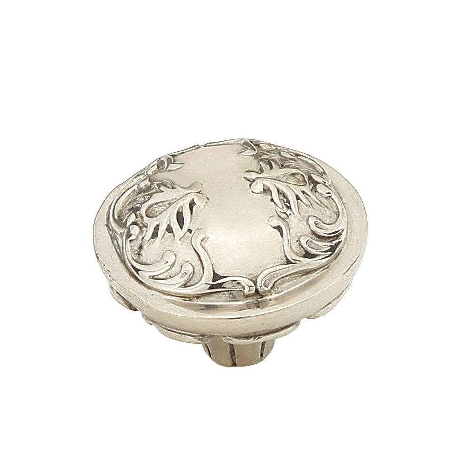 Solid Brass 1 3/8" Diameter Round Knob with Scrolled Designs with Petals on Base in White Brass